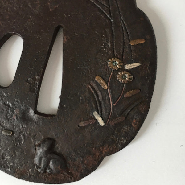 Antique Japanese Iron Tsuba with Dog, Chrysanthemums & Silver Inlay | Edo Period