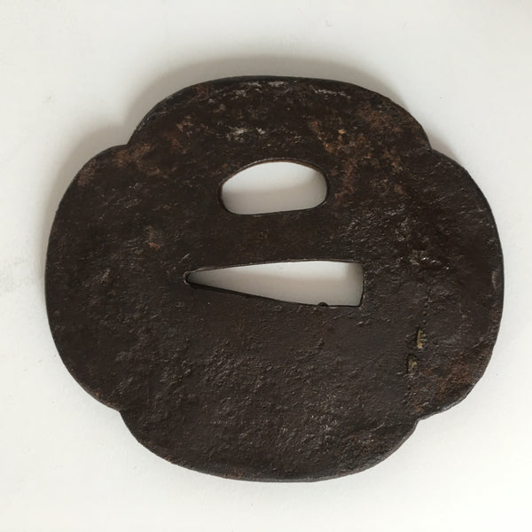 Antique Japanese Iron Tsuba with Dog, Chrysanthemums & Silver Inlay | Edo Period