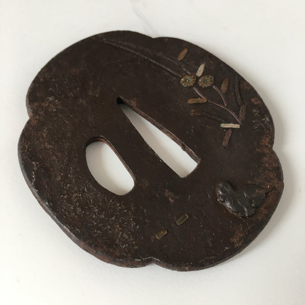 Antique Japanese Iron Tsuba with Dog, Chrysanthemums & Silver Inlay | Edo Period