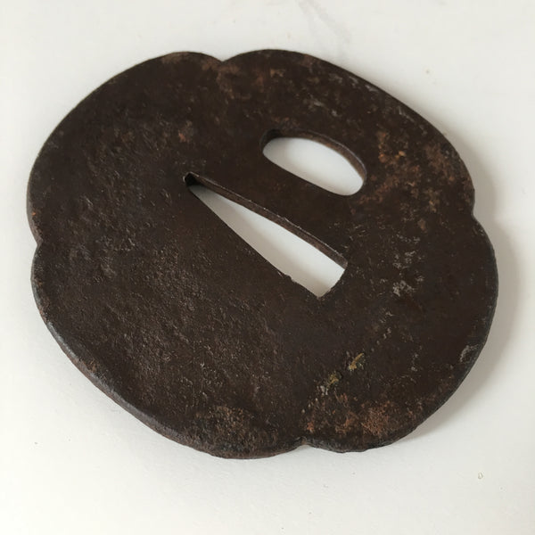 Antique Japanese Iron Tsuba with Dog, Chrysanthemums & Silver Inlay | Edo Period