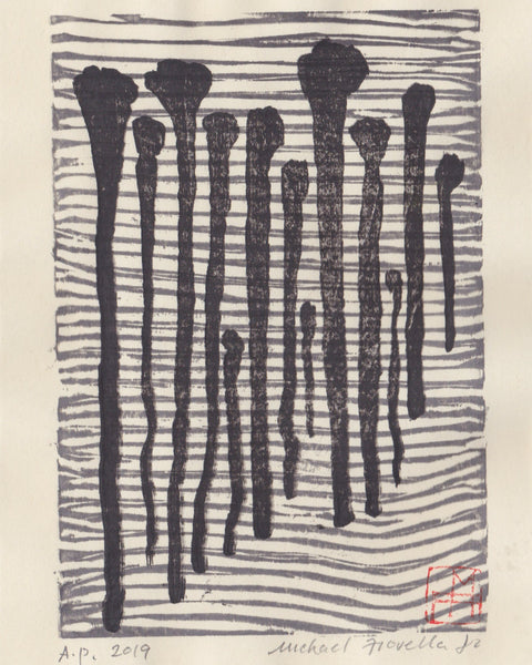 Original monochrome woodblock print by Michael Fiorella featuring dark vertical abstract forms against a field of horizontal lines.