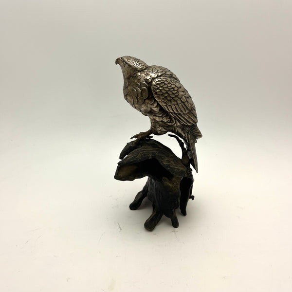 Antique Japanese Falcon on Tree Stump Bronze Sculpture