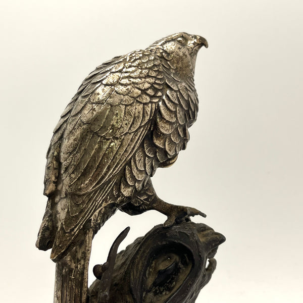Antique Japanese Falcon on Tree Stump Bronze Sculpture