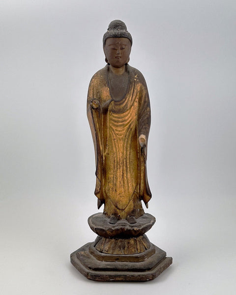Standing antique buddha sculpture. Japanese. 