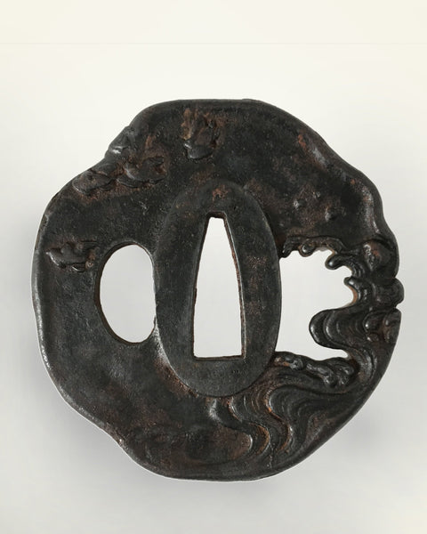 Antique Tsuba, Wave Design, Japanese Samurai Sword Guard. Edo Period