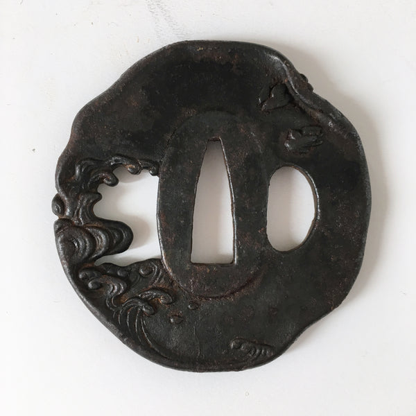 Antique Tsuba, Wave Design, Japanese Samurai Sword Guard. Edo Period