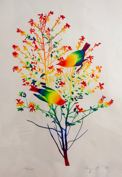 Ay-O screenprint Two Birds on the Tree depicting two rainbow-colored birds perched in a flowering tree.