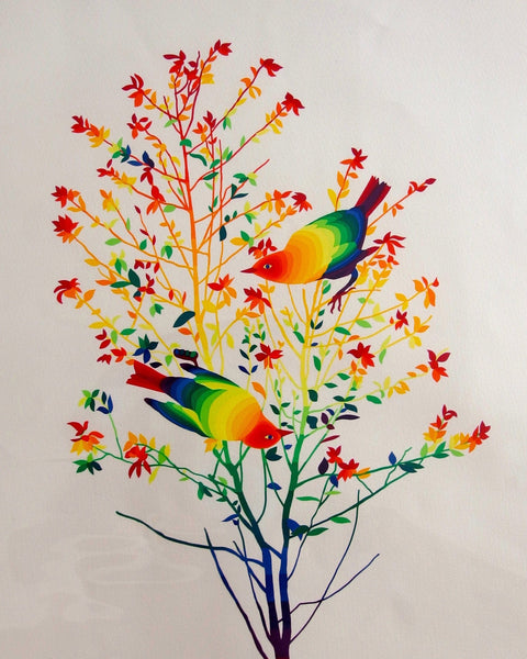 Ay-O screenprint Two Birds on the Tree depicting two rainbow-colored birds perched in a flowering tree.