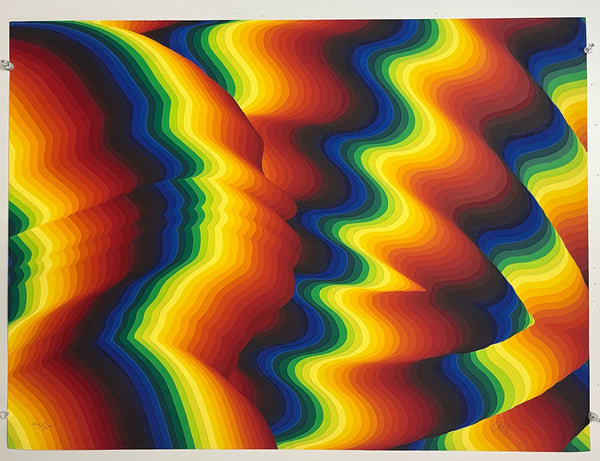 Large signed Ay-O screenprint with overlapping bands of rainbow color creating an abstract optical illusion.