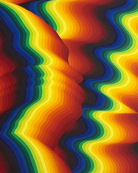 Large signed Ay-O screenprint with overlapping bands of rainbow color creating an abstract optical illusion.