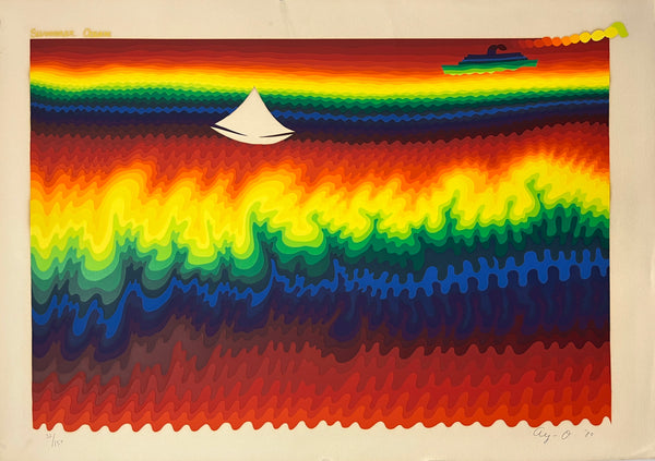 Large signed Ay-O screenprint titled Summer Ocean depicting a white sailboat and distant steamship against layered rainbow bands of color.