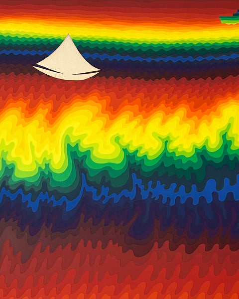 Large signed Ay-O screenprint titled Summer Ocean depicting a white sailboat and distant steamship against layered rainbow bands of color.