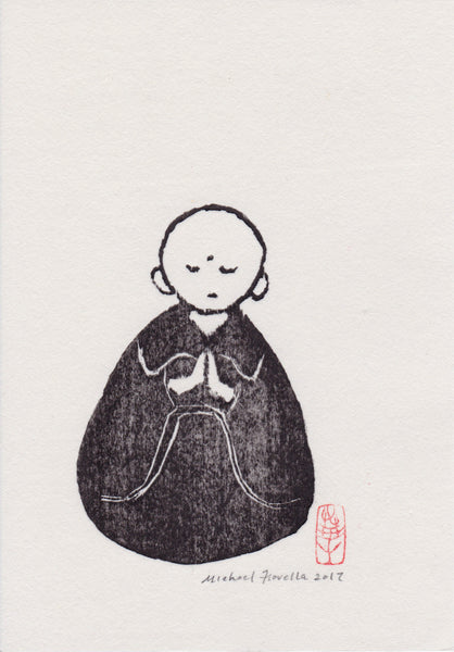 Original hand-printed contemporary Japanese woodblock by Michael Fiorella depicting a serene monk meditating with hands joined in prayer.
