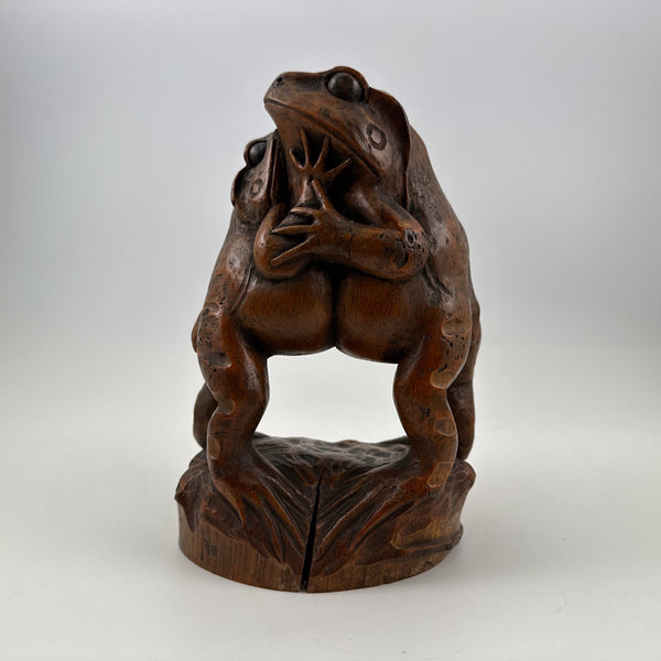 Antique Japanese Bamboo Root Sumo Frogs Sculpture – Carved Folk Art Object