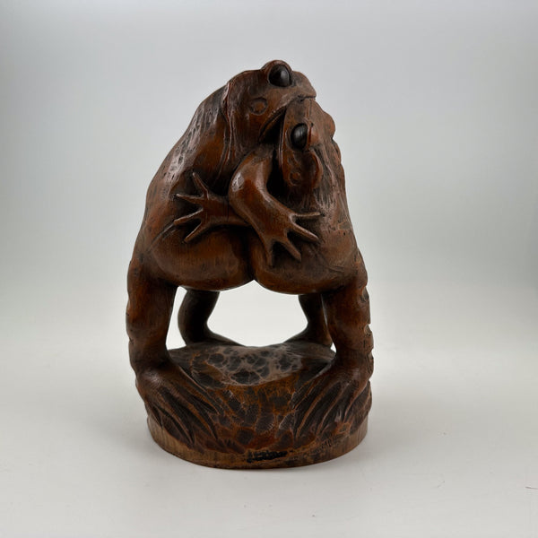 Antique Japanese Bamboo Root Sumo Frogs Sculpture – Carved Folk Art Object