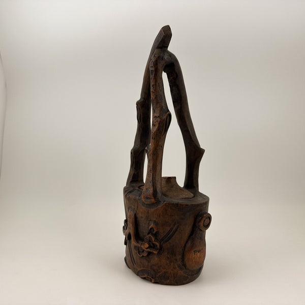 Signed Antique Bamboo Root Ikebana Vessel with Carved Plum Blossom Decoration
