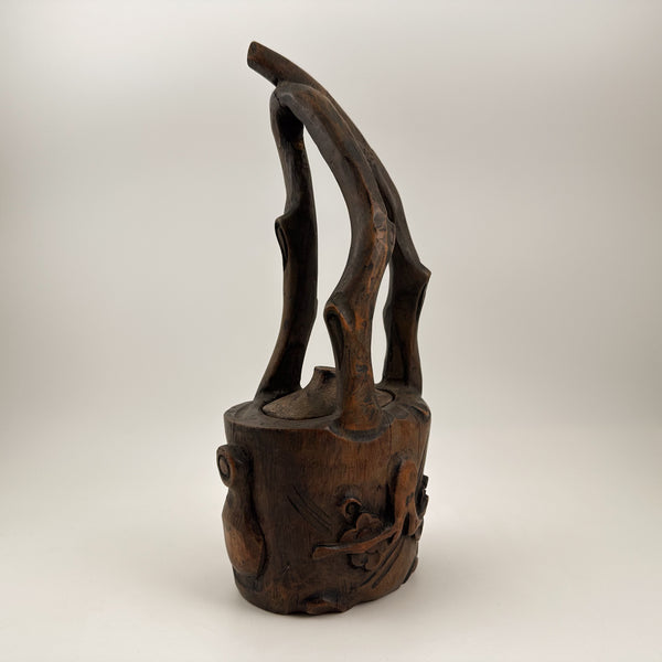 Signed Antique Bamboo Root Ikebana Vessel with Carved Plum Blossom Decoration