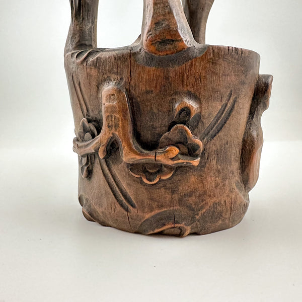 Signed Antique Bamboo Root Ikebana Vessel with Carved Plum Blossom Decoration