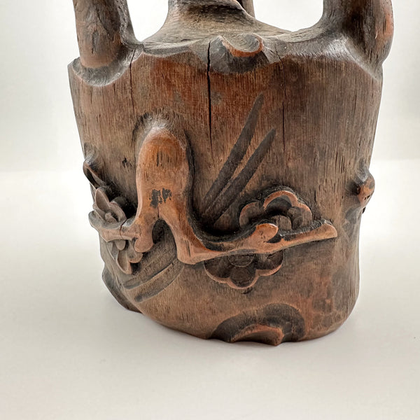 Signed Antique Bamboo Root Ikebana Vessel with Carved Plum Blossom Decoration