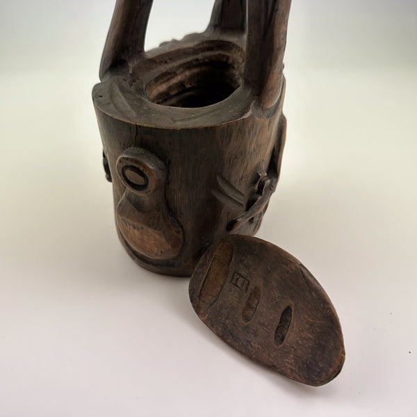 Signed Antique Bamboo Root Ikebana Vessel with Carved Plum Blossom Decoration