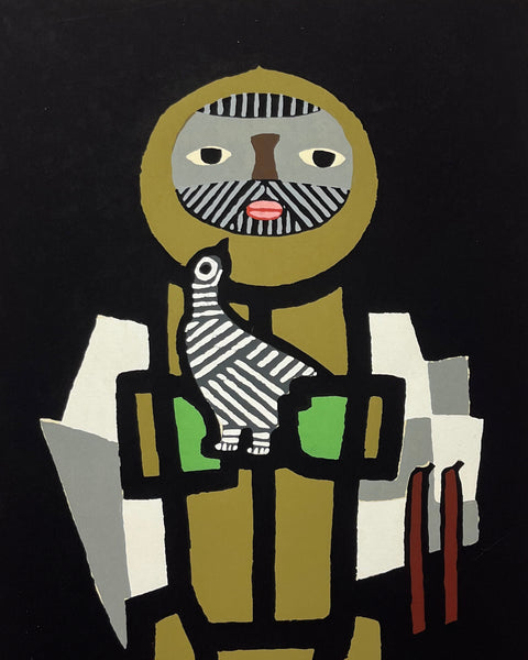Hand pulled, ltd edition vintage Japanese creative print (sosaku hanga) featuring a mountain man and a striped bird
