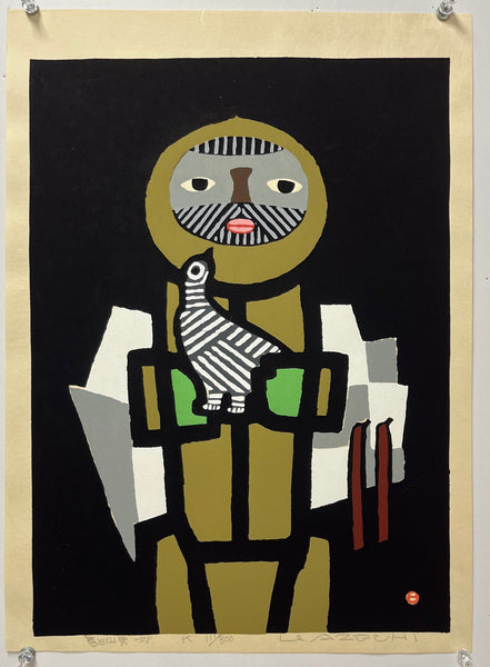 Hand pulled, ltd edition vintage Japanese creative print (sosaku hanga) featuring a mountain man and a striped bird