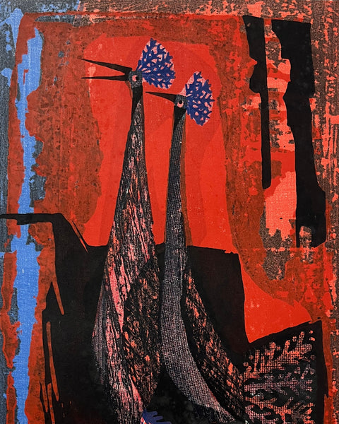 Signed 1970 woodblock print by Shiro Takagi depicting two stylized birds in a richly textured abstract composition dominated by red and black.