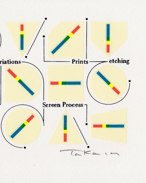 Signed 1990 print by Takasuke Nakayama featuring colorful geometric forms connected by graphic lines illustrating different printmaking techniques.