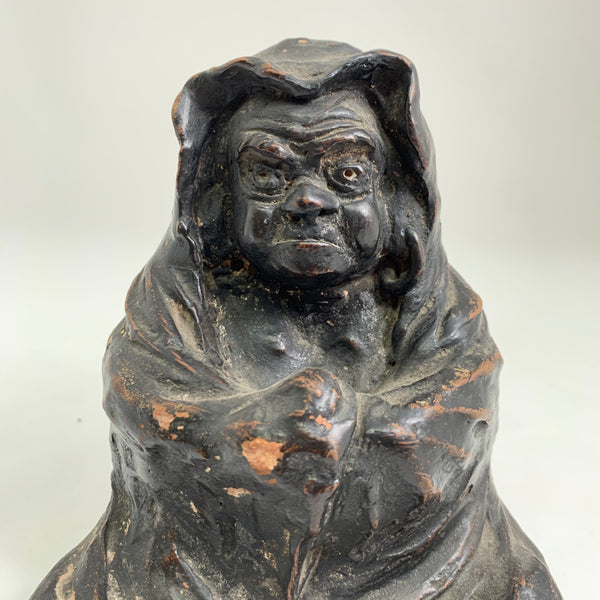 Antique Japanese Hooded Daruma Figure – Black Lacquered Clay Buddhist Sculpture – Meiji Period (Attributed)