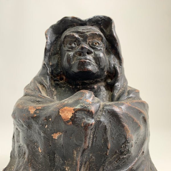 Antique Japanese Hooded Daruma Figure – Black Lacquered Clay Buddhist Sculpture – Meiji Period (Attributed)