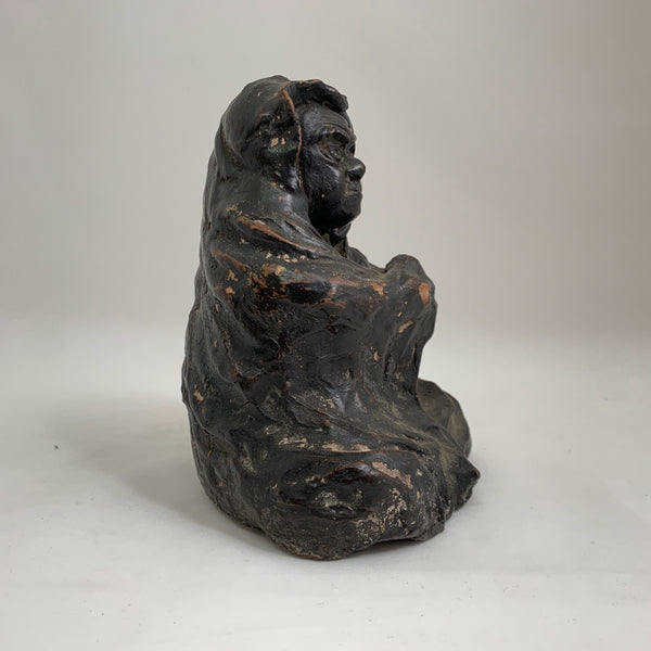Antique Japanese Hooded Daruma Figure – Black Lacquered Clay Buddhist Sculpture – Meiji Period (Attributed)