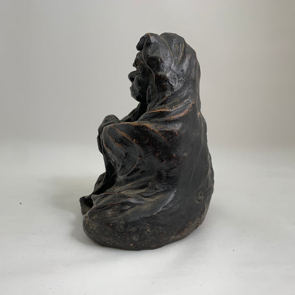 Antique Japanese Hooded Daruma Figure – Black Lacquered Clay Buddhist Sculpture – Meiji Period (Attributed)