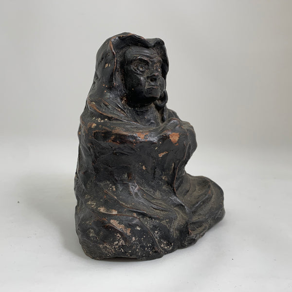 Antique Japanese Hooded Daruma Figure – Black Lacquered Clay Buddhist Sculpture – Meiji Period (Attributed)