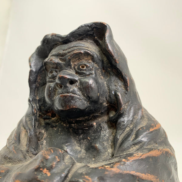 Antique Japanese Hooded Daruma Figure – Black Lacquered Clay Buddhist Sculpture – Meiji Period (Attributed)