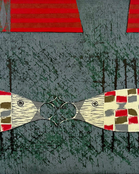 Limited edition 1971 Japanese woodblock print by Goro Kumagai depicting two stylized patterned fish against a textured blue-green background with red geometric accents.