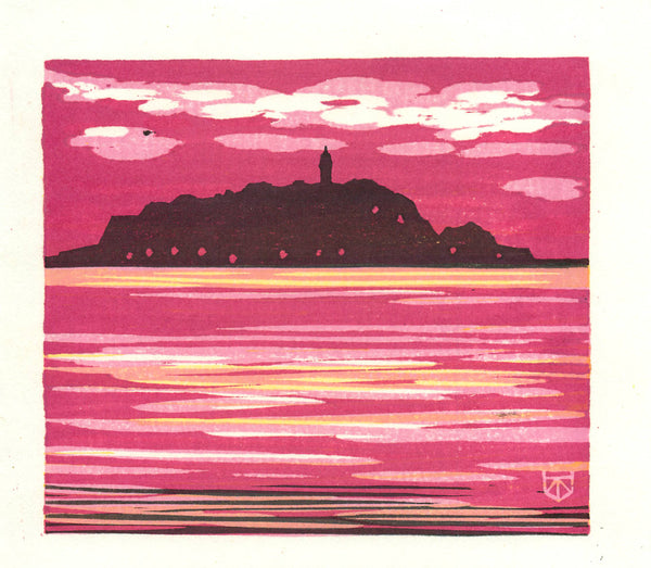 Artistic depiction of a silhouette of an island with a lighthouse against a pink sky.