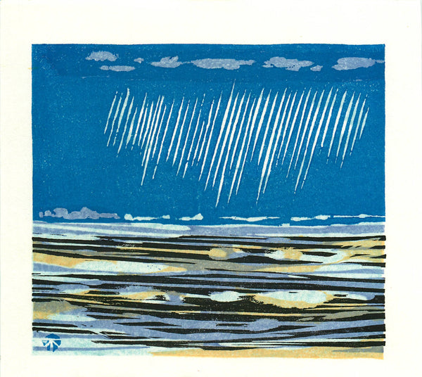 Abstract artwork with blue sky, white clouds, ocean and horizon on a white background