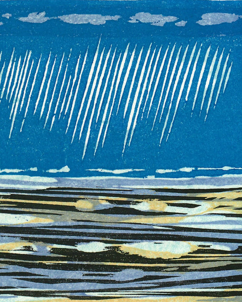 Abstract artwork with blue sky, white clouds, ocean and horizon on a white background