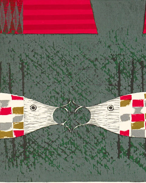 Original Japanese woodblock print by Goro Kumagai depicting two stylized patterned fish meeting nose-to-nose against a textured blue-gray background.