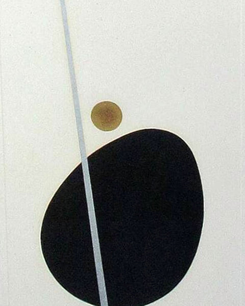 Minimalist Japanese woodblock print by Haku Maki featuring a large black abstract form, a slender diagonal gray band, and a small gold circle on a white background.