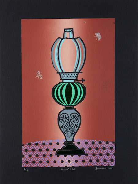 ltd edition handmade print. Decorative antique lamp, on a red background with a black border