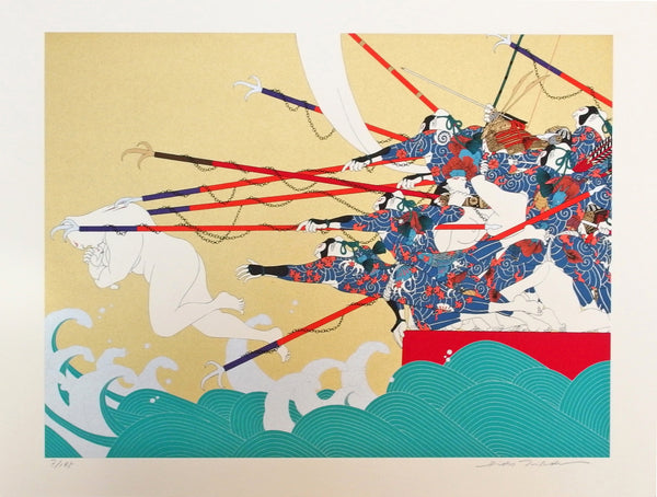 Limited edition Japanese woodblock print by Hideo Takeda depicting elaborately dressed warriors pursuing a pale figure across stylized ocean waves.