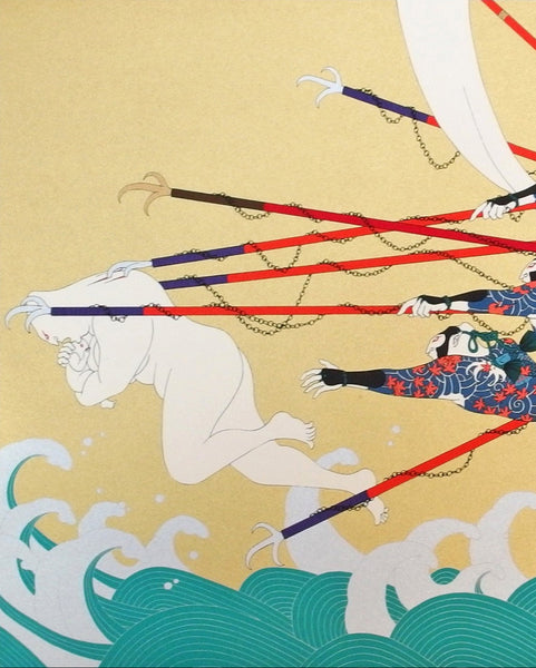 Limited edition Japanese woodblock print by Hideo Takeda depicting elaborately dressed warriors pursuing a pale figure across stylized ocean waves.