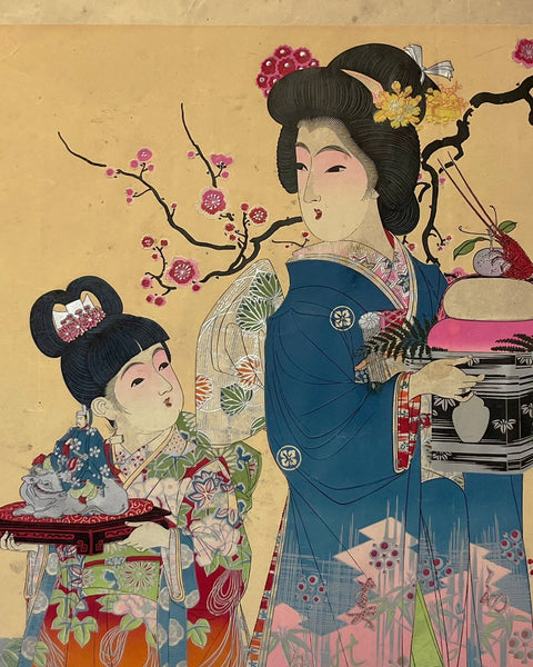 Traditional Japanese advertising poster featuring two women in elaborate kimonos with cherry blossoms and calligraphy.
