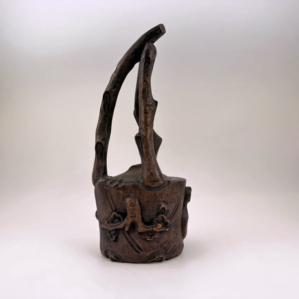 Signed Antique Bamboo Root Ikebana Vessel with Carved Plum Blossom Decoration