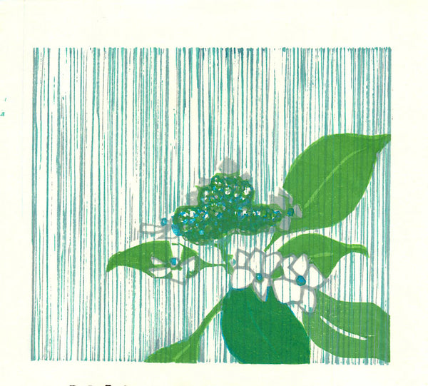 Modern Japanese woodblock print of flowers and leaves in the rain