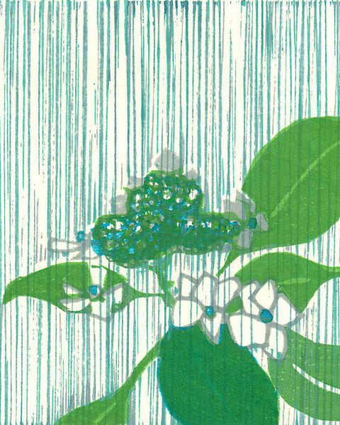Modern Japanese woodblock print of flowers and leaves in the rain
