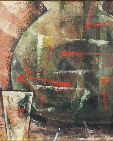Vintage Japanese oil painting featuring an abstract geometric pattern with a mix of colors including green, red, and beige.