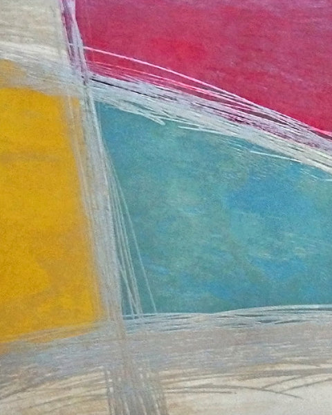 Abstract art print with red, blue, and yellow shapes on a white background