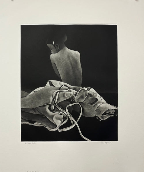 Original 1976 artist's proof mezzotint by Kaoru Saito depicting a seated woman viewed from behind against a deep black background, hand signed, titled, and dated.